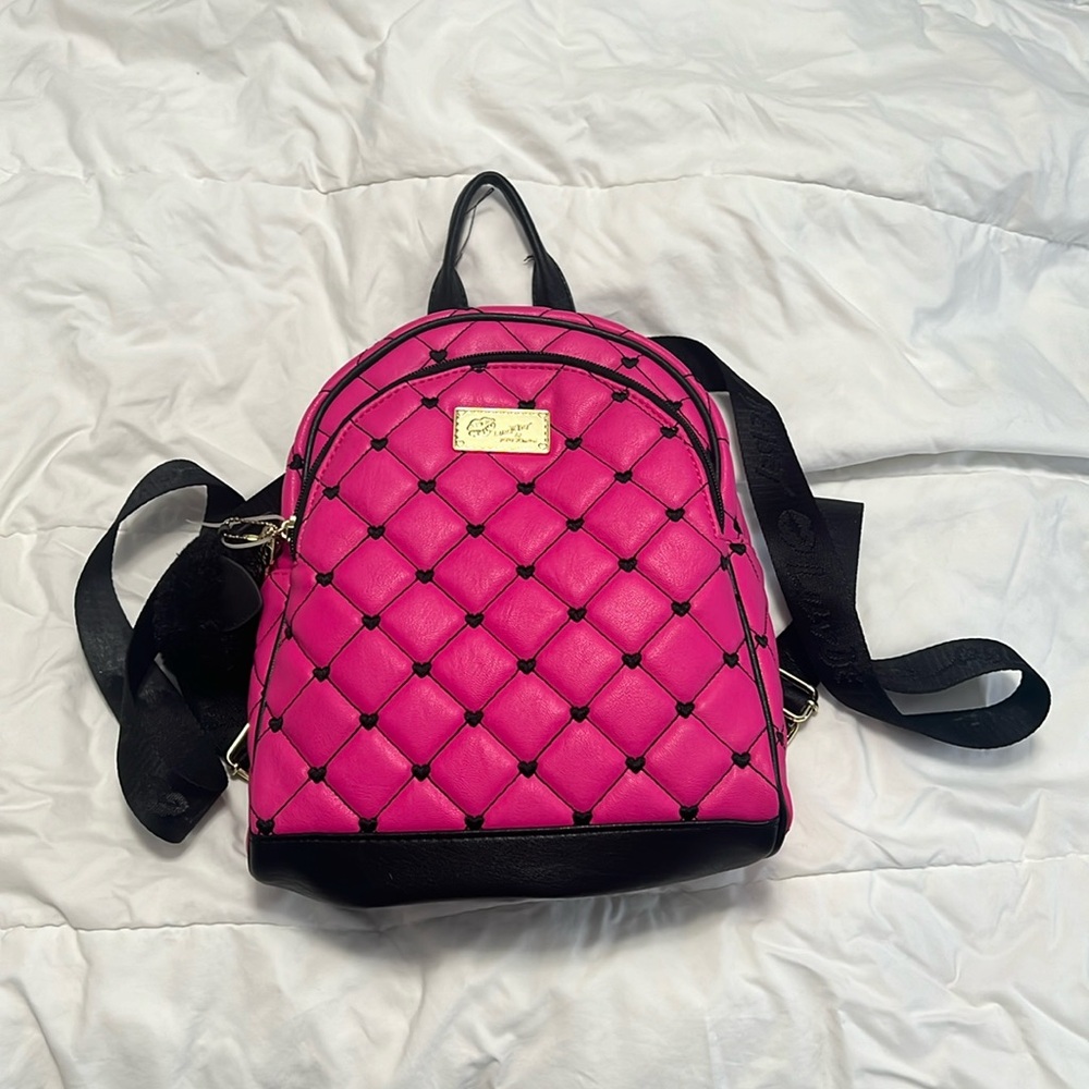 Luv Betsey Johnson Ador Mini Backpack Hot Pink Black Quilted Embroidered Hearts